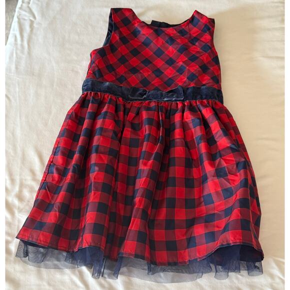 Cat & Jack 4T Dress Red /Navy buffalo check taffeta velvet belt bow tulle lining - Picture 1 of 1